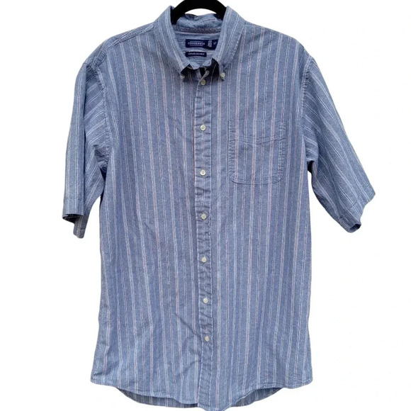 Consensus Vintage Chambray Button Down Blue Vertical Striped Shirt Men's LT - Picture 1 of 7